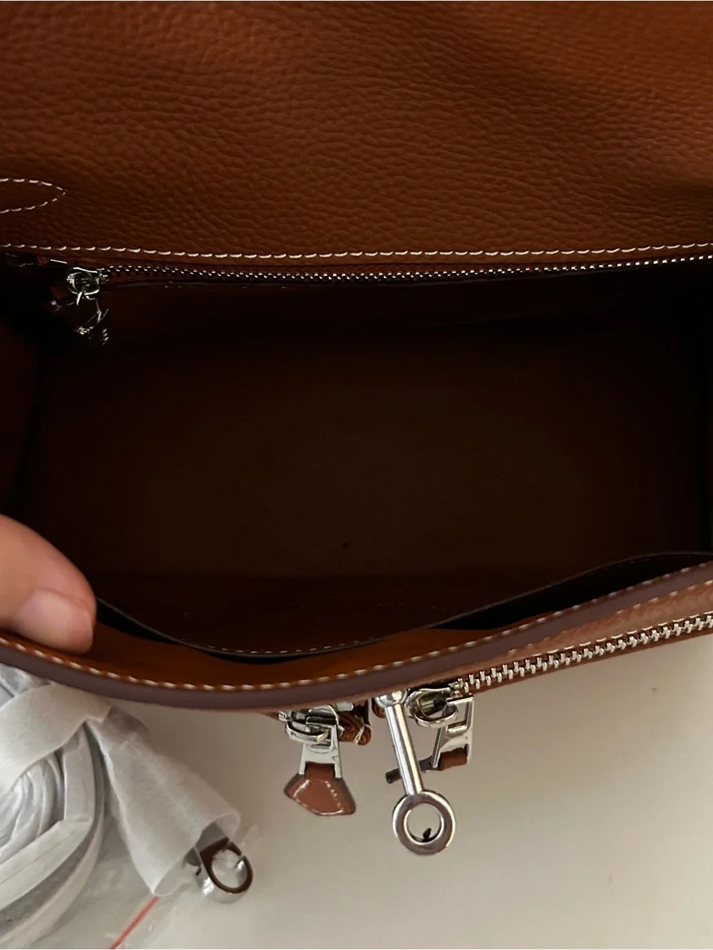 25cm Double Front Pocket Brown Leather Satchel with Scarf-Wrapped Handle